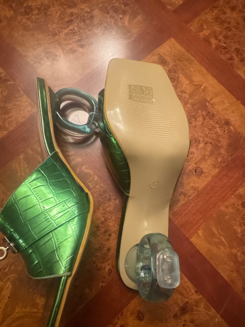 Green Metallic Slide Mules with GOLD Buckle - Picture 3 of 5